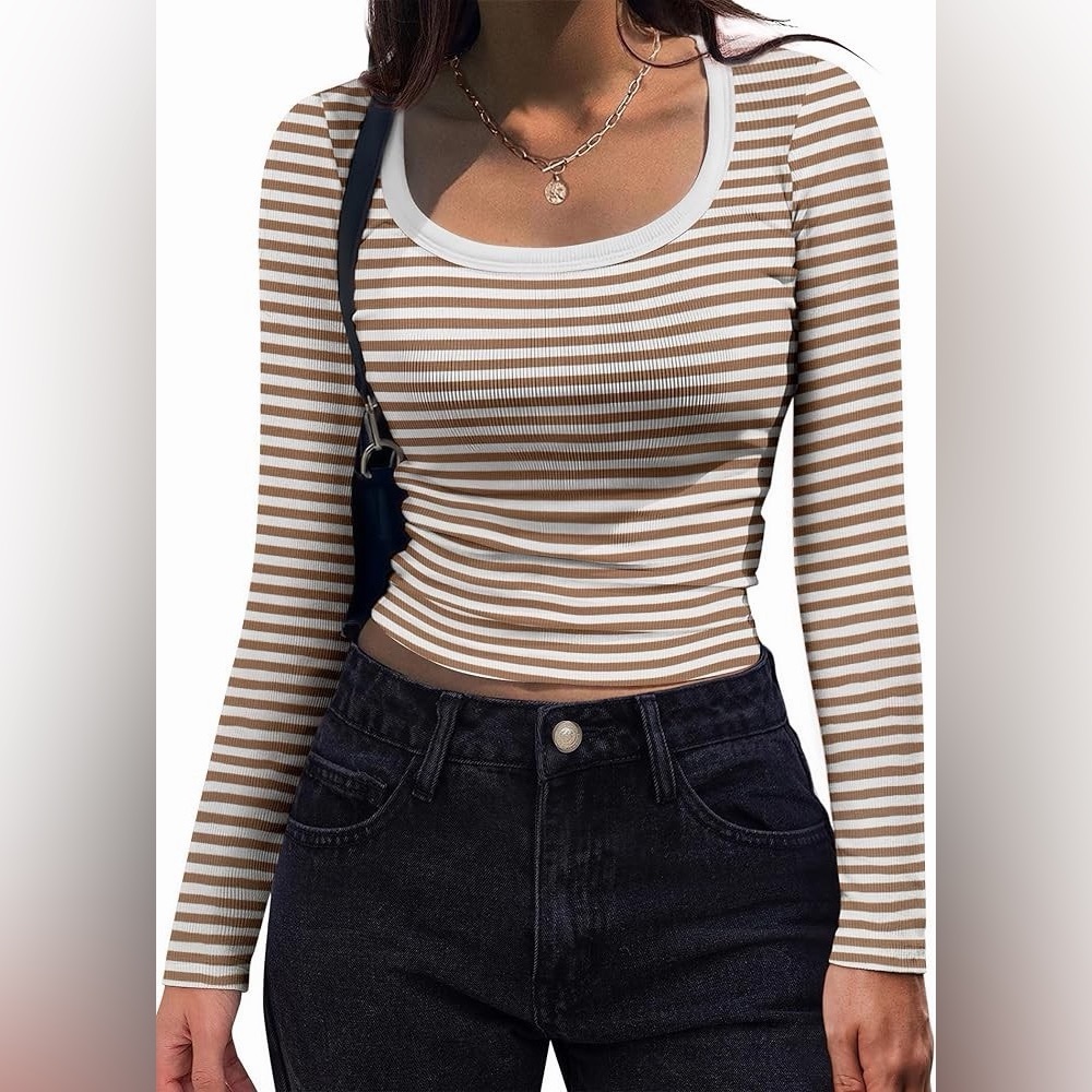 Women’s Brown and White Striped Long Sleeve Top